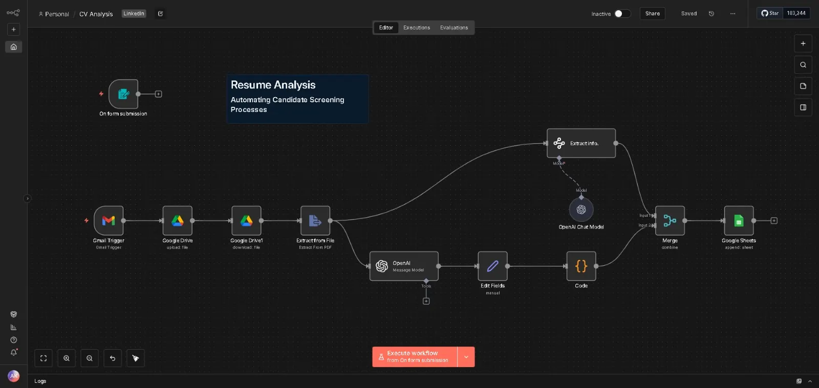 The CV Screening Agent workflow in n8n, node by node