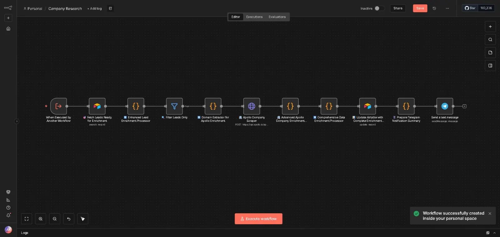 The Lead Enrichment Agent workflow in n8n, node by node